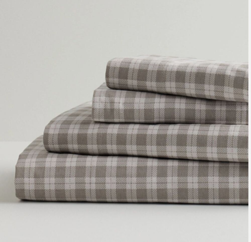Cuddl Duds Queen Flannel Sheet Set Buff Check 100% Cotton Heavyweight NWT Cozy
